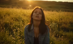 a woman sits in the grass and looks up at the sky