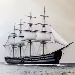 a sail ship sails on the ocean in an empty cloudless day