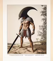 an artistic depiction of a muscular man with a sword and a spartan helmet
