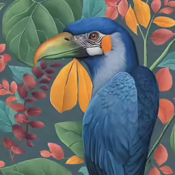 a painting of a bird standing on a plant