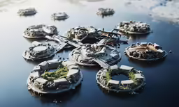 the floating island is surrounded by ships and water