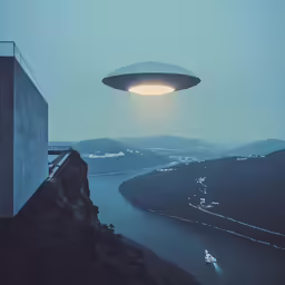 an object floating over a mountain and a large body of water