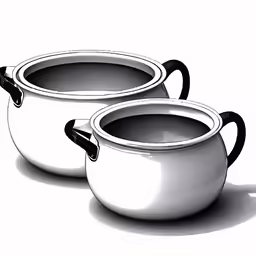 two white bowls with black handles on a white background