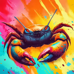 a crab that is standing on top of paint splatches