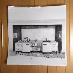 black and white photo of an old fashioned kitchen
