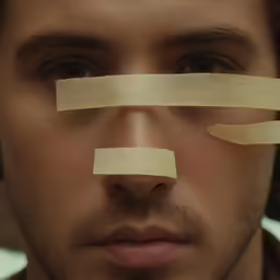 a man is taped in to his nose with adhesive tape