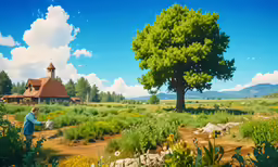 a person in blue is walking in the grass and trees