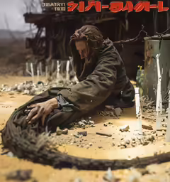a young man laying on the ground in a junkyard
