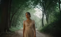 a woman is walking down a forest path