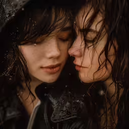 a couple of women standing next to each other under an umbrella,two women standing in the rain sharing an embrace