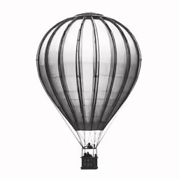 an air balloon is flying on white with water in the back