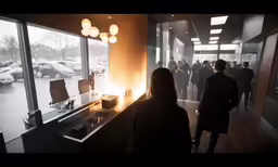 the people are standing around in the building
