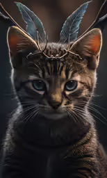 a cat wearing leaves on his head sitting in front of it