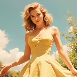 a beautiful woman posing for a photo in a yellow dress