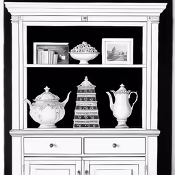 black and white photograph of a shelf with pictures on top