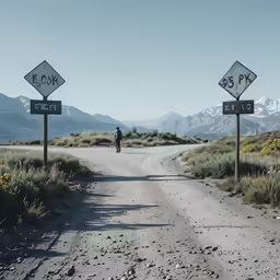 three street signs on poles along a dirt road