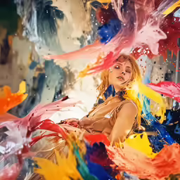 a young woman standing in front of some colorful, psychedelic colored streamers