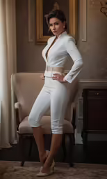 a woman in white is posing for a photo