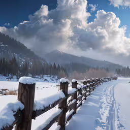 a fenced road near a forest and mountains with snow