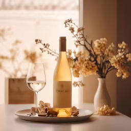 a plate full of cheese, some snacks and a bottle of wine