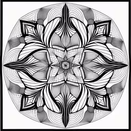 a circular pattern with black and white lines,a drawing of a flower in black and white,a black and white picture with a circular pattern,an abstract circular artwork piece in black and white,an art nouveau style image with a black and white background