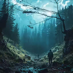two people walking down a muddy trail surrounded by trees