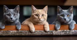 three different colored cats are on a wooden rail