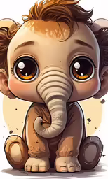 a little elephant with big eyes, sitting on the ground