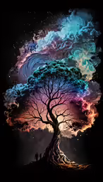 a colorful tree with clouds and stars in the background