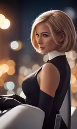 a lady wearing a black and white dress with white gloves