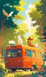 a van with three birds on top is in the woods