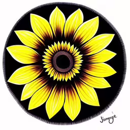 a drawing of a yellow sunflower,a painted yellow sunflower is in a circle
