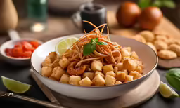 a plate with some noodles on it and garnish