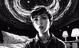 a girl with short hair sitting in front of a bed,a person sitting on a bed with a lamp in the background
