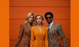 three people in suits standing in front of a orange wall