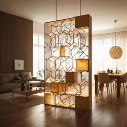 a large modern open area with an artistic shelving unit and chairs