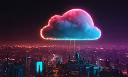 bright lights illuminate the city skyline as a cloud floats over,a colorfully lit cloud above a large city