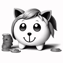 an animal face on top of some stacks of coins