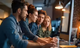 group of people sitting at a table looking at something on the screen