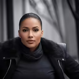 a woman with a jacket is wearing a black jacket and a fur collar