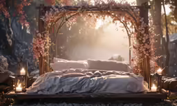 there is a bed that has pillows and lights in the background
