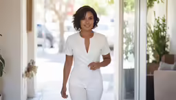 woman walking down white walkway with one hand in her pocket