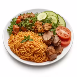 this plate features noodles, chicken and vegetables