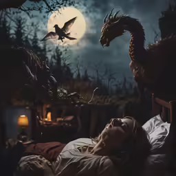 a girl laying in her bed with two birds flying over her