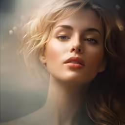 the woman has brown hair and blue eyes