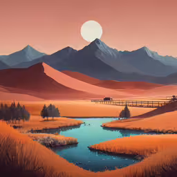 a painting shows a pond and mountains,an image of a mountain landscape with water