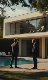 two men in suits and ties are standing near the pool