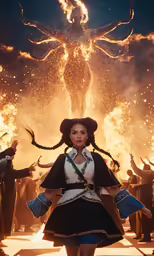 woman in costume walking through a burning crowd