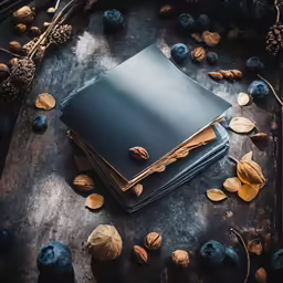 a stack of four books sitting on top of a wooden table