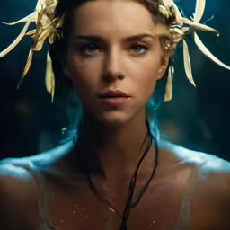 a woman with yellow vines on her head in the water